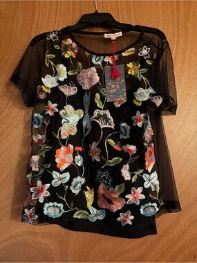 grand & greene Black Sheer Floral Embroidered Top